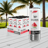CELSIUS Sparkling Watermelon Energy Drink – Zero Sugar Boost 12-pack displayed outdoors with palm trees, highlighting vibrant packaging and wellness appeal.