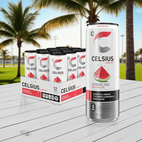 CELSIUS Sparkling Watermelon Energy Drink – Zero Sugar Boost 12-pack displayed outdoors with palm trees, highlighting vibrant packaging and wellness appeal.