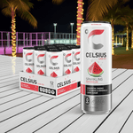 CELSIUS Sparkling Watermelon Energy Drink – Zero Sugar Boost 12-pack on white table with night-lit palm trees, emphasizing tropical vibe and fitness lifestyle.
