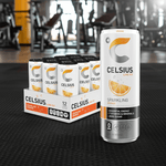 Celsius Sparkling Orange Energy Drink – Zero Sugar, 200 mg Caffeine case of 12 cans displayed in a gym setting, ideal for pre-workout energy boost.