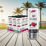 Celsius Sparkling Wild Berry 12-pack set against a sunny sports field backdrop, ideal for fitness-focused consumers seeking clean energy drinks.