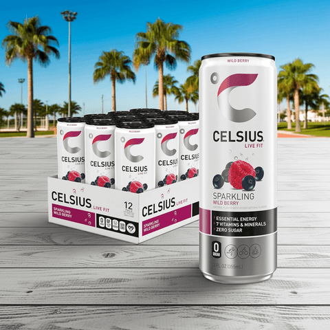Celsius Sparkling Wild Berry Dietary Supplement 12-pack displayed outdoors with palm trees, highlighting zero sugar and energy-boosting benefits.