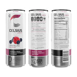 Three sides of Celsius Sparkling Wild Berry can showing ingredients, nutrition facts, and product claims like essential energy and zero sugar.