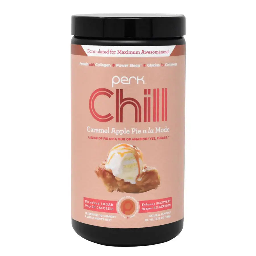 Front label of Perk Chill Caramel Apple Pie A la Mode - 18 servings, a protein-rich nighttime recovery drink with PowerSleep™ formula.