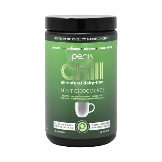 Perk Energy Chill Drink - Mint Chocolate Relaxation in a green container with 18 servings. A non-dairy, keto-friendly supplement for stress relief and recovery.