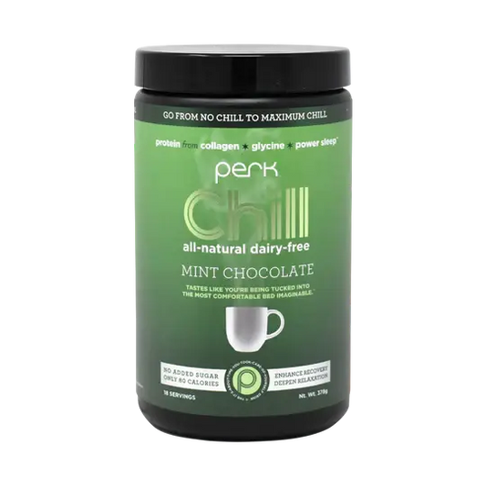 Perk Energy Chill Drink - Mint Chocolate Relaxation in a green container with 18 servings. A non-dairy, keto-friendly supplement for stress relief and recovery.