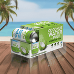 Front view of the Coconut Water with Pulp 8-pack displayed outdoors with ocean and palm trees, emphasizing freshness and natural hydration.