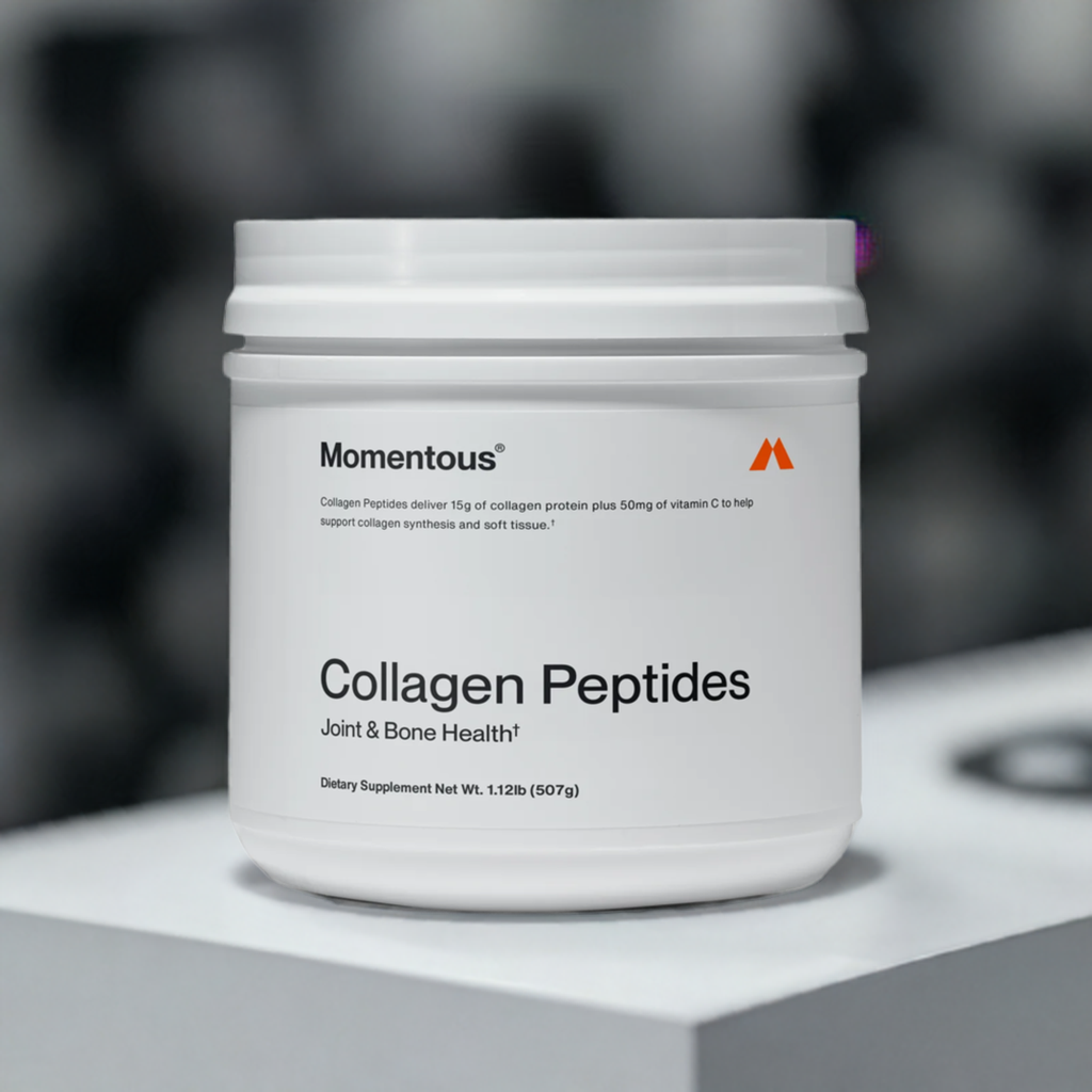 Momentous Collagen Peptides powder with FORTIGEL® for soft tissue support and injury resilience, 507g white jar on display.