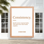 Consistency Framed Poster 12x16 displayed in a modern home setting with palm reflections, ideal motivational wall art for success and discipline.