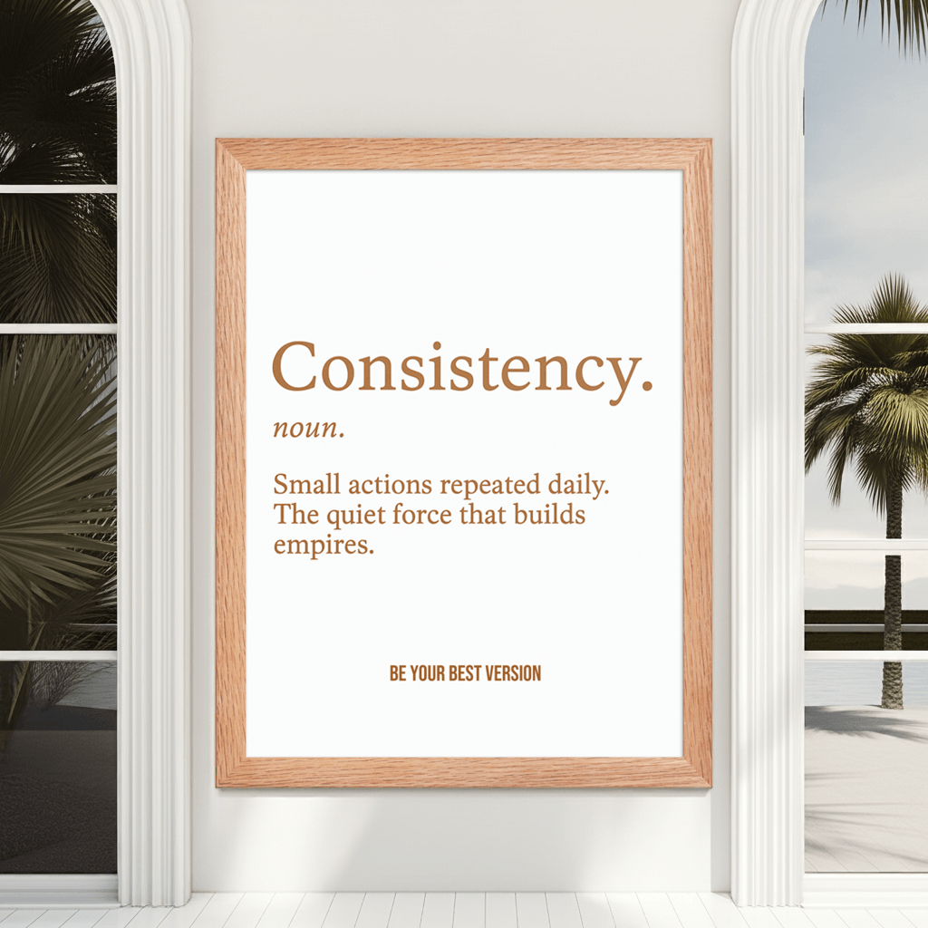 Motivational Consistency Framed Poster 12x16 hung in a bright room with palm trees, inspiring daily habits and personal growth.