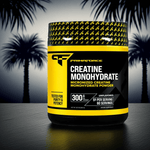 Creatine Monohydrate 300g supplement by Build Fast Formula placed in a tropical gym ambiance with palm trees in the background.