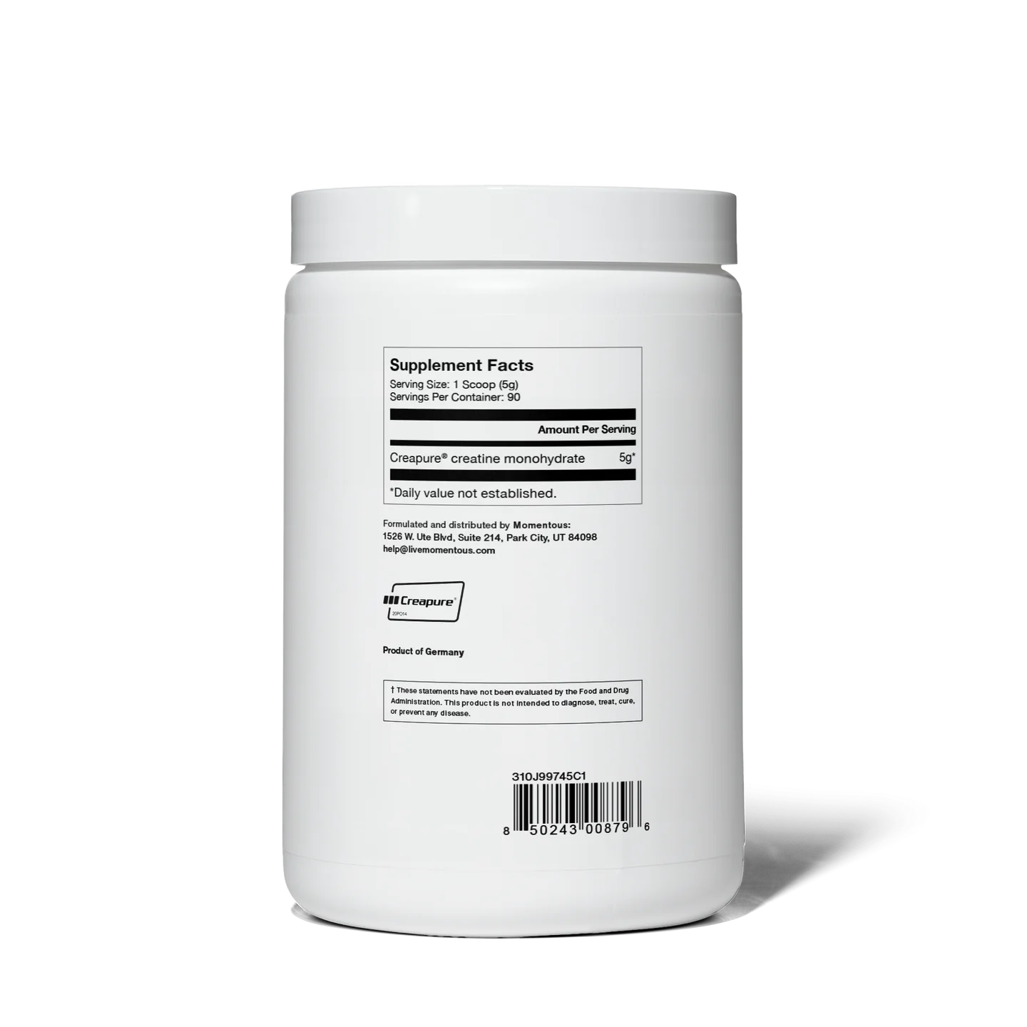 Back label of Momentous Creatine showing supplement facts and Creapure® creatine monohydrate content, emphasizing purity and dosage.