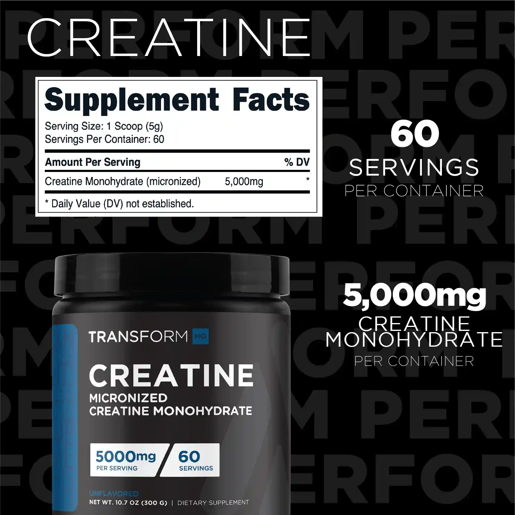 Creatine Monohydrate Supplement with 5000mg per serving and 60 servings, supports muscle strength and performance for active lifestyles.