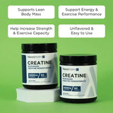 Two bottles of TransformHQ Creatine Monohydrate with benefits listed: supports lean mass, energy, strength, and easy unflavored use.