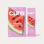 Cure Hydration Watermelon Electrolyte Mix stick and box, natural hydration drink with real fruit flavor

