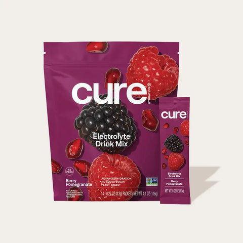 Cure Hydration Berry Pomegranate Electrolyte Mix with real fruit powder, hydration stick and resealable pouch

