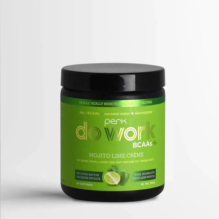 Do Work BCAA+ Mojito Lime Crème 20-serving container by Perk Energy, a zesty lime, mint, and coconut blend for post-workout recovery.