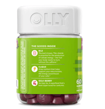 Side label of Olly Daily Energy Gummies – Tropical Passion, highlighting key ingredients B12, CoQ10, and Goji Berry. 60 ct herbal energy supplement.