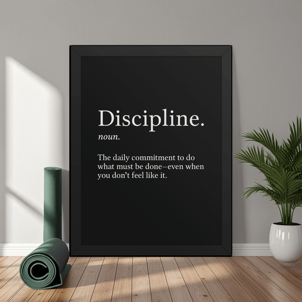 Discipline motivational framed poster 12x16 in a modern interior with green plant and clean white wall – motivational wall art for home gym or office