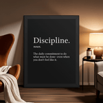 Discipline motivational framed poster 12x16 above table with warm lighting, modern decor and books – premium inspirational print by Velite Armor