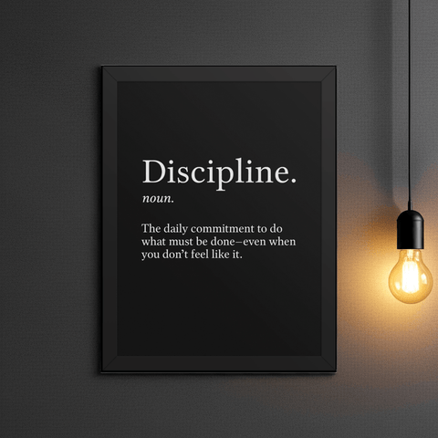 Discipline motivational framed poster 12x16 on wall with soft side lighting and elegant lamp – modern minimalist decor for focused living