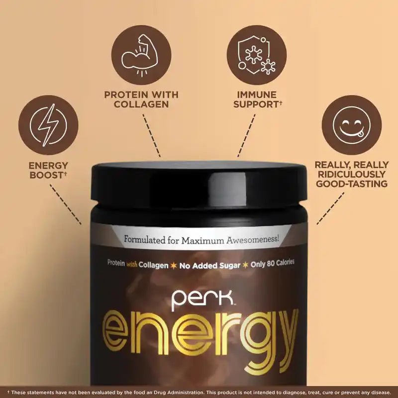 Perk Energy Protein + Collagen Drink container showing key benefits like energy boost, immune support, and great taste with only 80 calories.