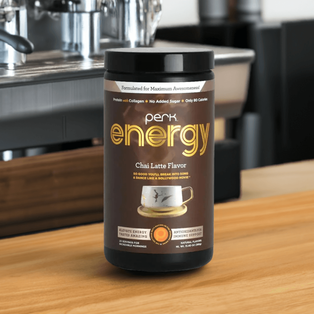 Perk Energy Original Chai Latte Energy Boost in a black container with gold label, offering 20 servings of energizing chai latte with collagen.