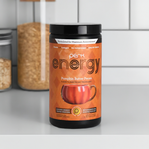 Pumpkin Butter Pecan Latte energy drink on kitchen counter