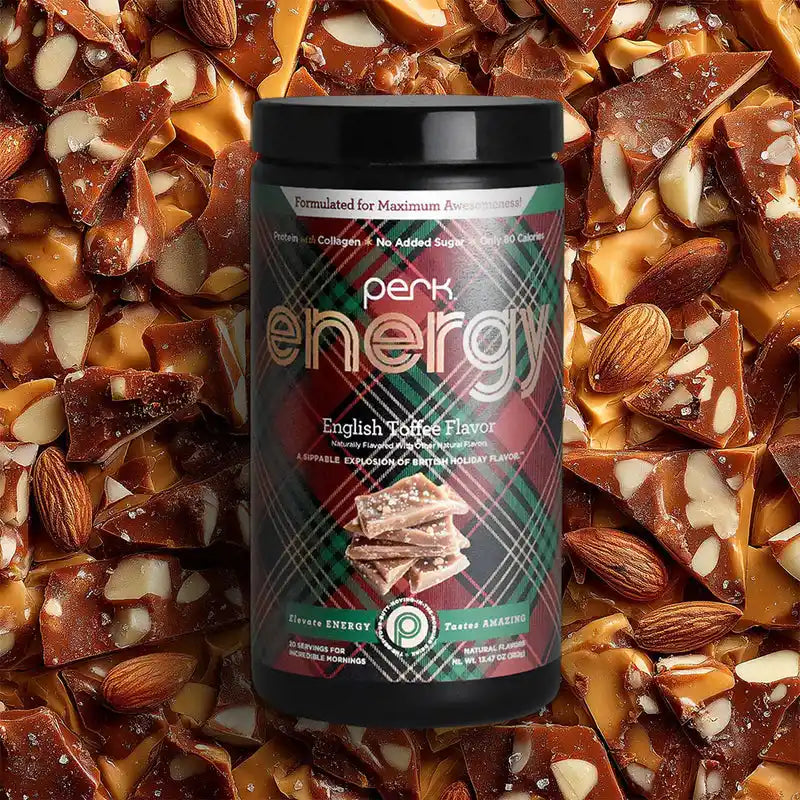 Perk Energy Protein + Collagen Drink in English Toffee flavor with almonds and caramel background, promoting clean energy and immune support.