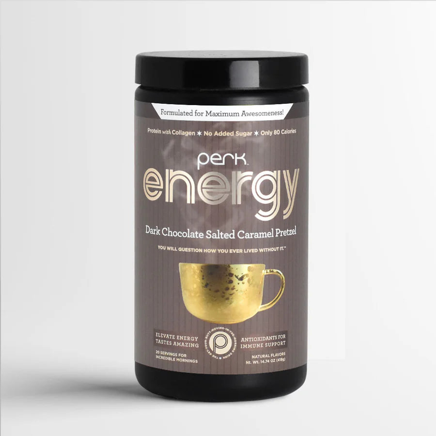 Perk Energy Original Dark Chocolate Salted Caramel Pretzel nutrition drink with collagen, no added sugar, and 20 servings in a black container.