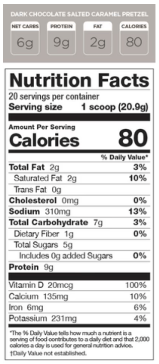 Perk Energy Original (20 SERV) (Dark Chocolate Salted Caramel Pretzel) nutrition label showing 80 calories, 9g protein, and 6g net carbs per serving.