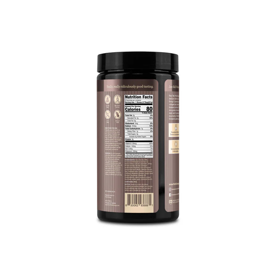 Back label of Perk Energy Original (20 SERV) Dark Chocolate Salted Caramel Pretzel showing nutrition facts and ingredients. Ideal for fitness nutrition.