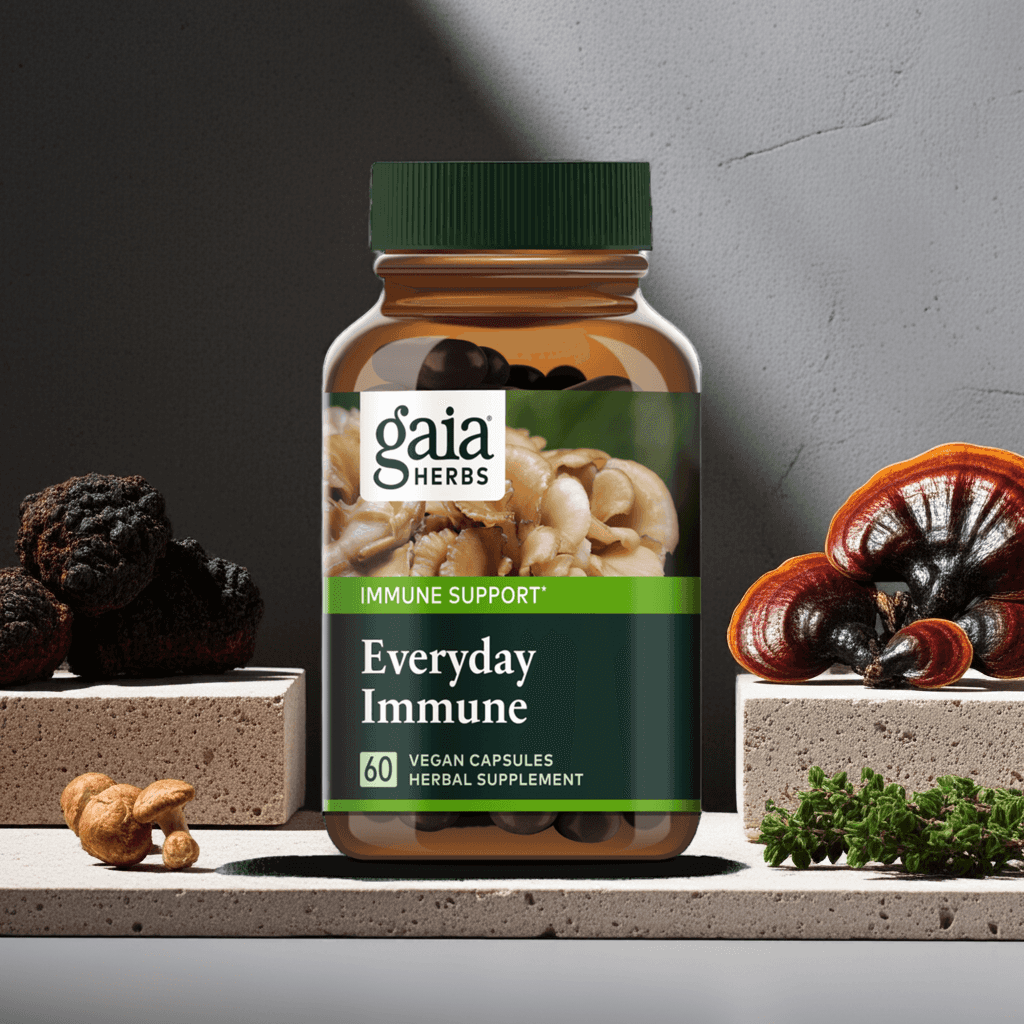 Organic immune support capsules with mushrooms and herbs, daily wellness supplement