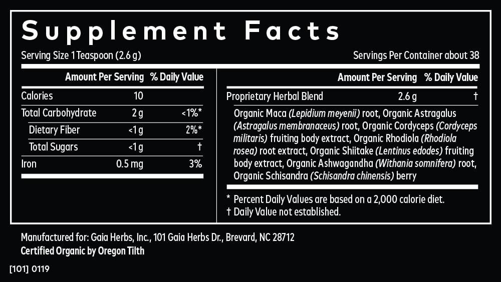 Supplement facts label for Gaia Herbs Everyday Adaptogen - 3.5 oz, detailing ingredients like Maca, Cordyceps, and Rhodiola in a proprietary blend.