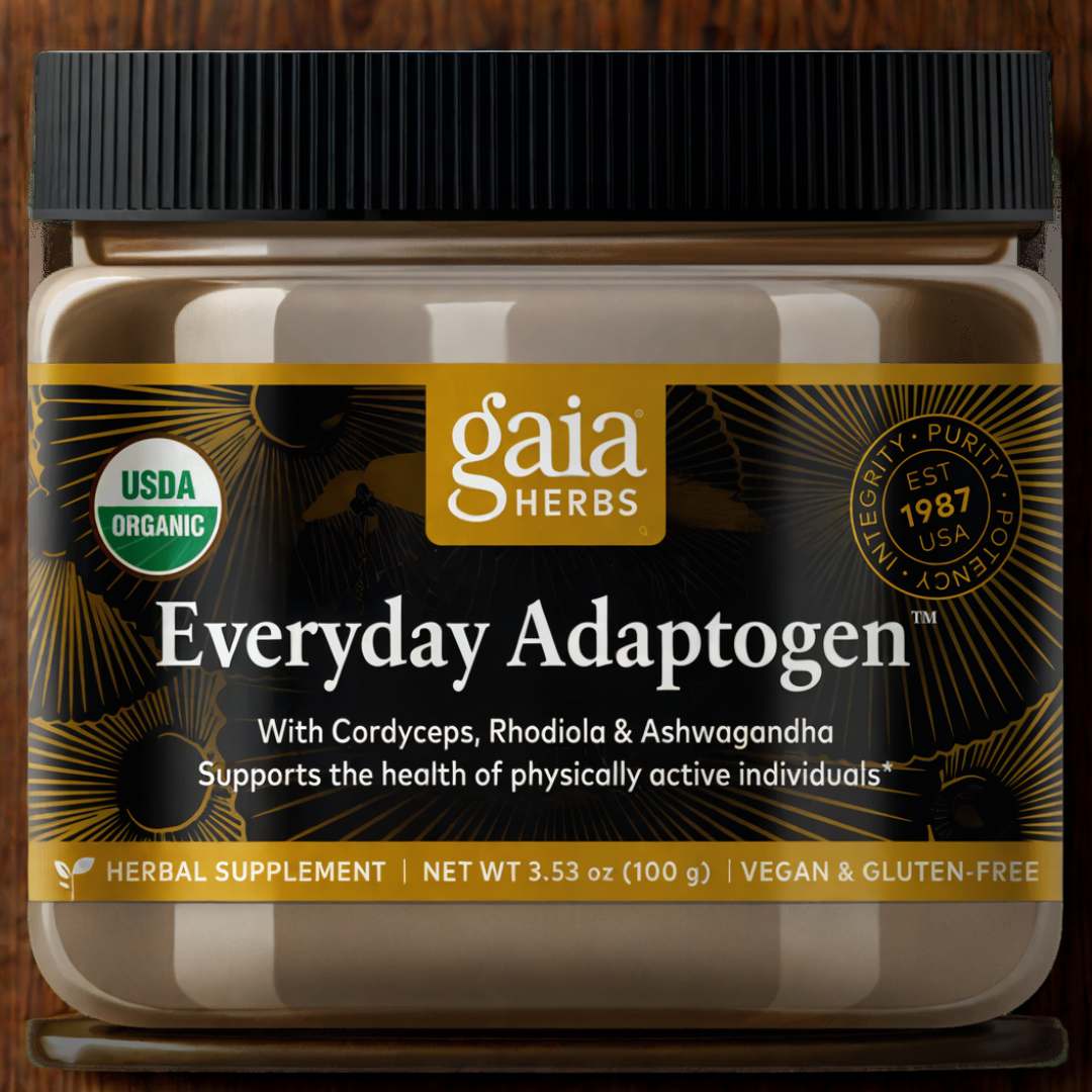 Gaia Herbs Everyday Adaptogen - 3.5 oz herbal supplement with Cordyceps, Rhodiola, and Ashwagandha for stress and energy support.