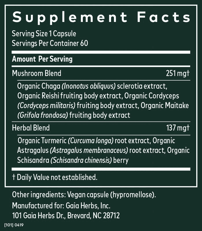 Supplement facts label showing organic mushroom blend with Reishi, Maitake, Chaga and herbal extracts