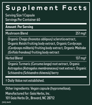 Supplement facts label showing organic mushroom blend with Reishi, Maitake, Chaga and herbal extracts