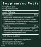 Supplement facts label showing organic mushroom blend with Reishi, Maitake, Chaga and herbal extracts