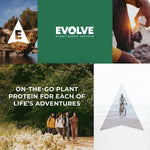 Evolve brand lifestyle images showing nature, outdoor adventures, and plant-based healthy living