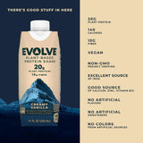Front and side label of Evolve Classic Chocolate Protein Shake with key macros: 20g protein, 10g fiber

