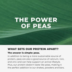 The power of peas message highlighting plant-based protein from pea sources in Evolve shakes