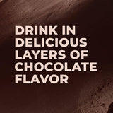 Delicious layers of chocolate flavor text on rich brown background promoting Evolve Classic Chocolate Protein