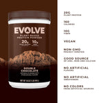 Evolve plant-based protein powder front label with 20g protein and 10g fiber per serving, chocolate flavor