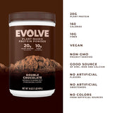 Evolve plant-based protein powder front label with 20g protein and 10g fiber per serving, chocolate flavor