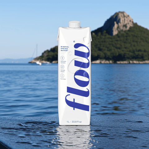 Flow Alkaline Spring Water carton standing in natural spring with mountain background, eco-friendly packaging
