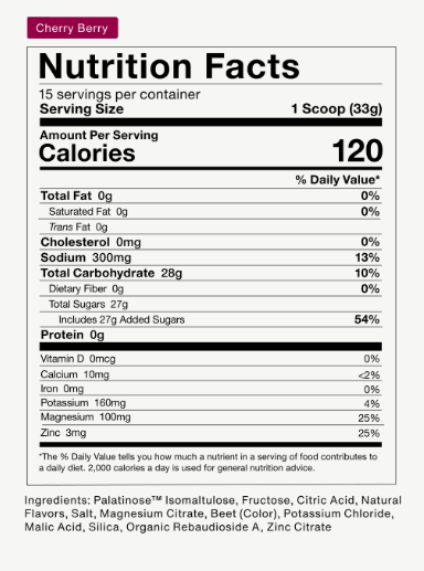 Fuel - Momentous - Cherry Berry - Energy Hydration supplement nutrition label showing 120 calories, 28g carbs, and electrolytes per serving.