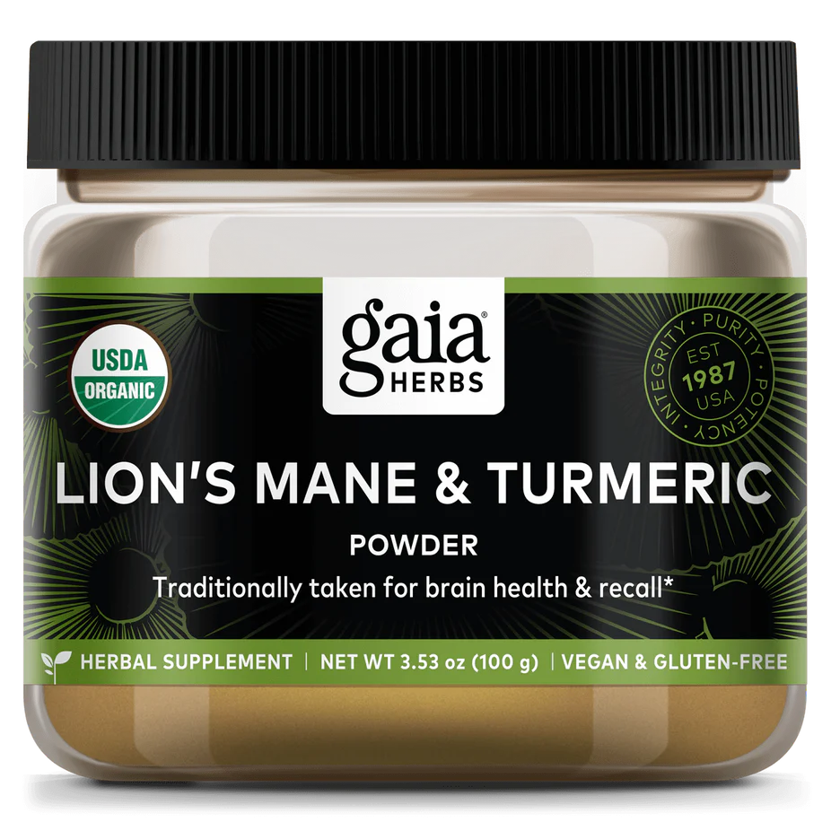 Close-up of Gaia Herbs Lion's Mane & Turmeric - 3.5 oz powder jar, labeled as USDA Organic, vegan, gluten-free, and formulated for brain health and recall.