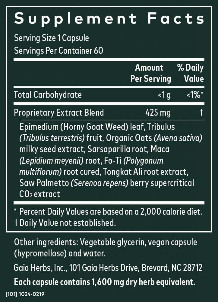 Supplement facts label for Gaia Herbs Male Libido 60 ct showing ingredients like Horny Goat Weed, Maca, and Saw Palmetto for male vitality.