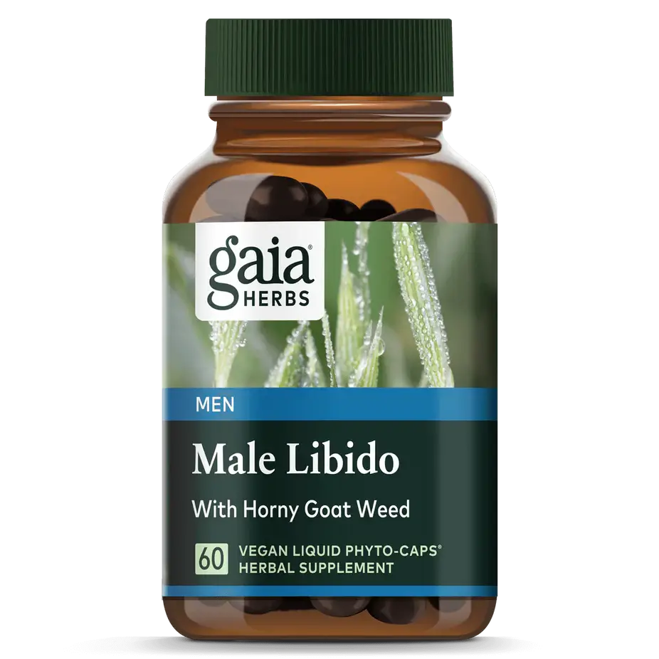 Front view of Gaia Herbs Male Libido 60 ct bottle with Horny Goat Weed, designed to support male stamina and healthy sex drive.