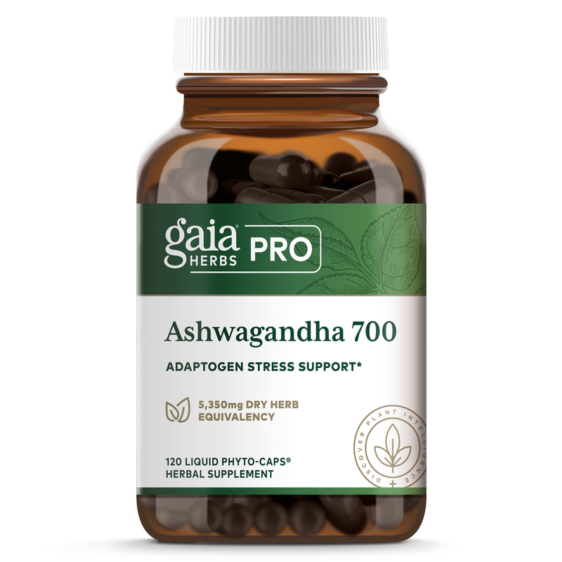 Bottle of Gaia Herbs Pro Ashwagandha 700 herbal supplement, designed for adaptogen stress support, featuring 120 liquid phyto-caps in a brown glass bottle with a green and white label.